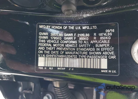 2017 Honda Civic Sport from USA, damaged, VIN SHHFK7H49HU204702